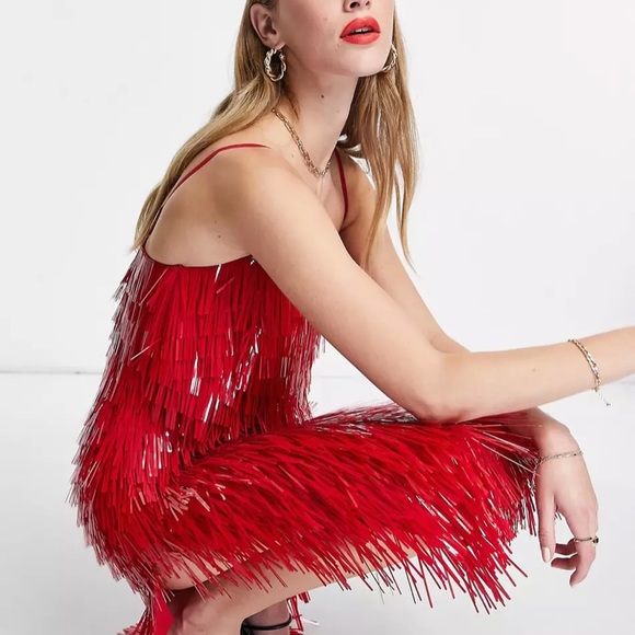 ASOS DESIGN shard detail midi dress with sheer waist detail in red - Picture 3 of 5